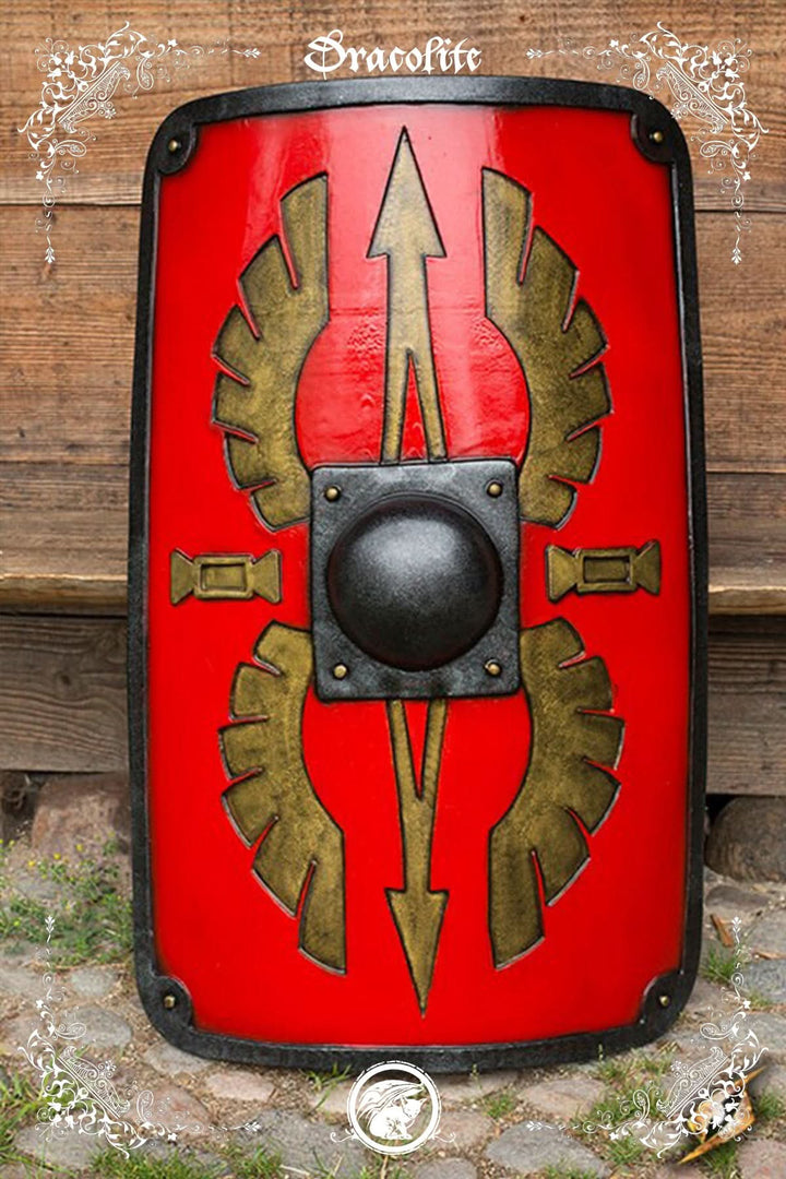 Scutum Romain Rouge – Bouclier GN carré avec motif doré