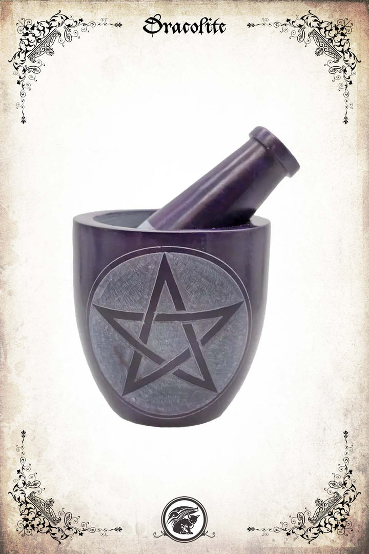 Mortier et pilon en pierre à savon – Pentacle violet