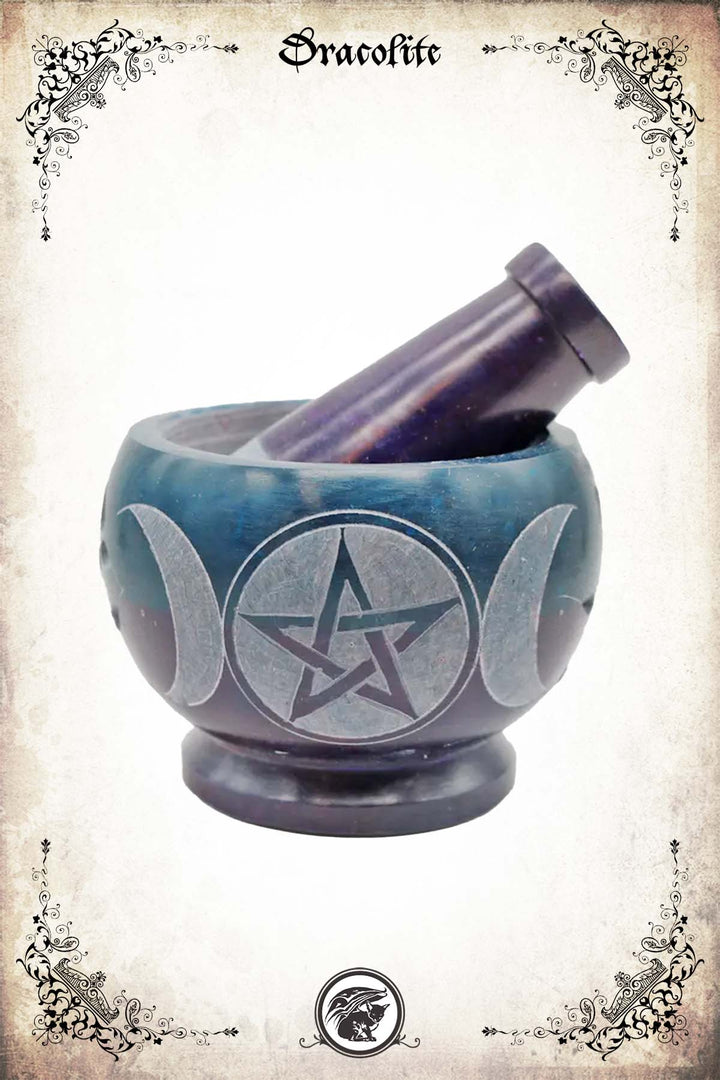 Mortier et pilon en pierre à savon – Triple Lune turquoise/violet